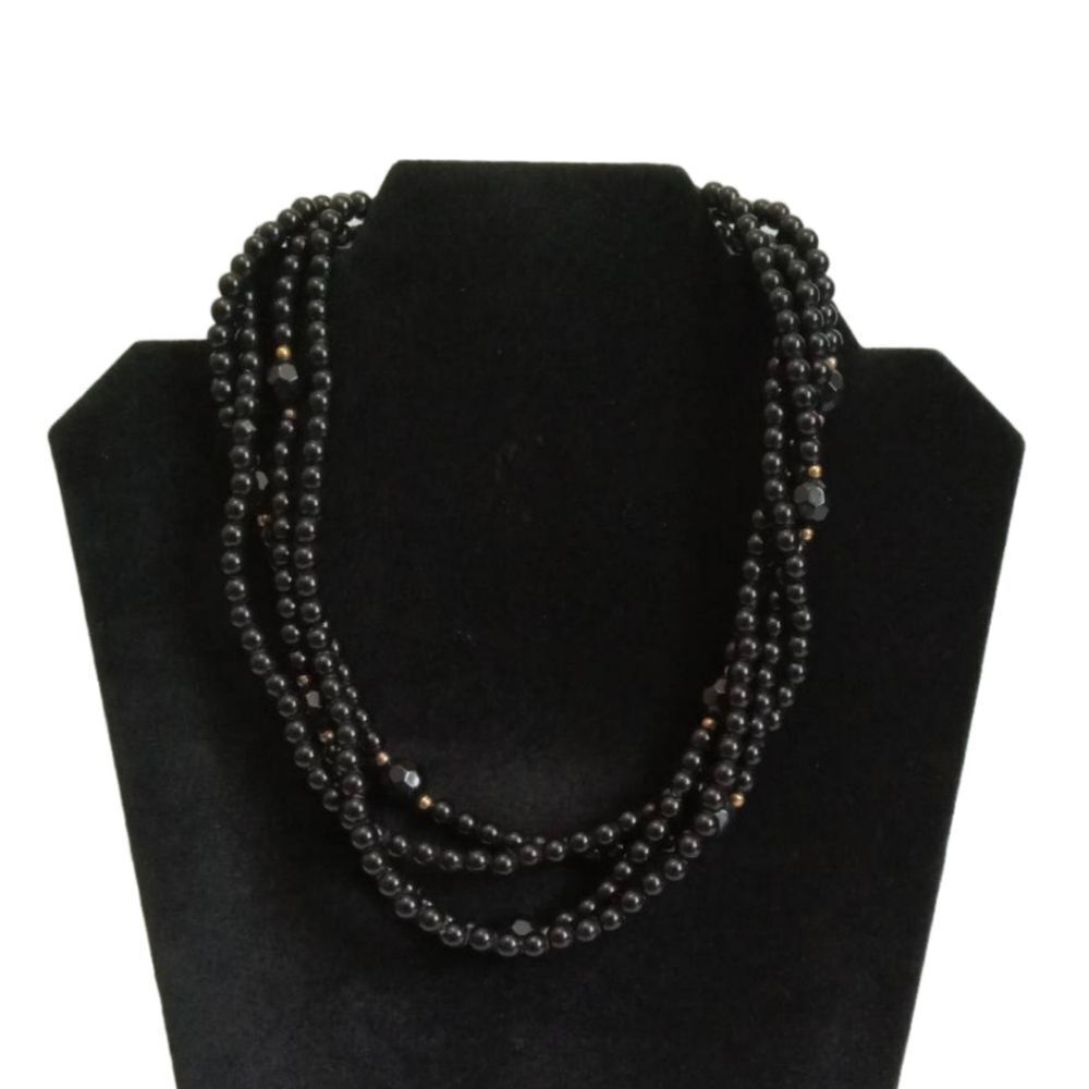 Black Gold Toned Multi Strand Acrylic Assorted Beads Layered Statement Necklace